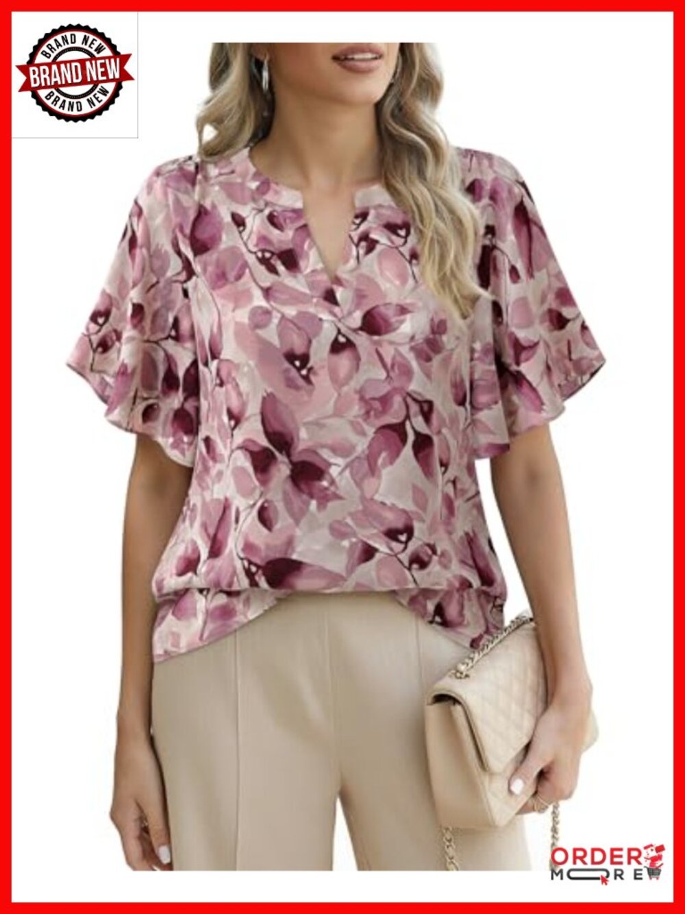 Soft Flowy Womens Blouse V Neck Short Sleeve Floral Ruffle Business Work Top
